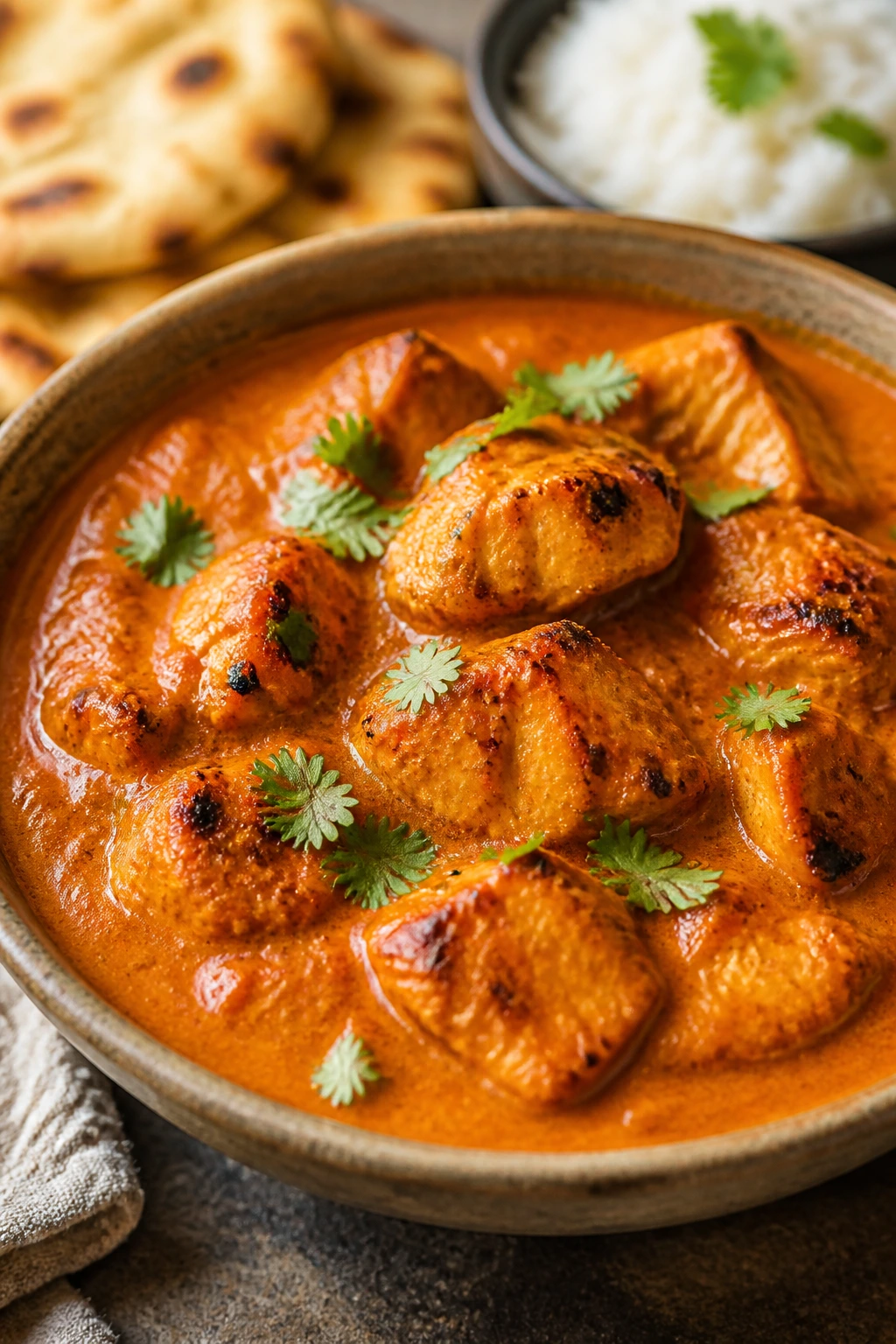 Creamy chicken tikka masala in rustic bowl