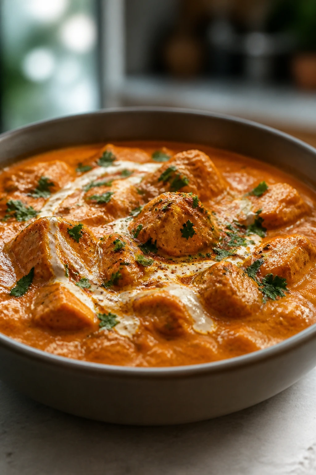 Creamy chicken tikka masala with cream swirl in a bowl