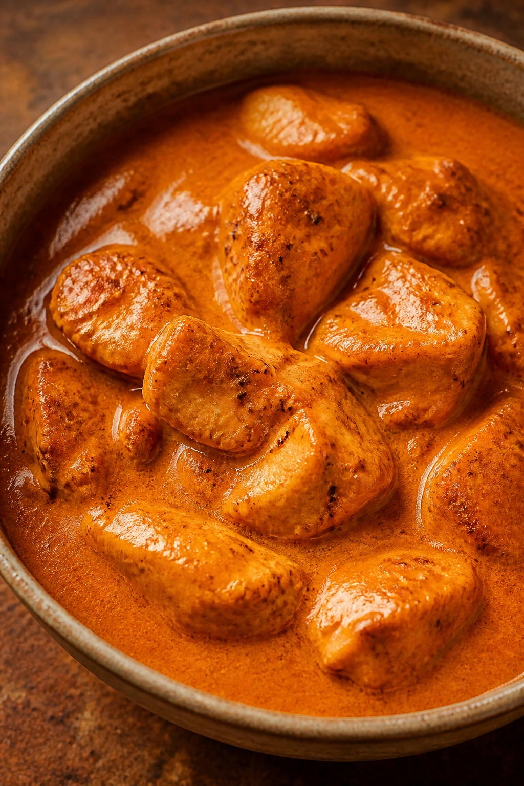 Close-up of creamy chicken tikka masala in a rustic bowl