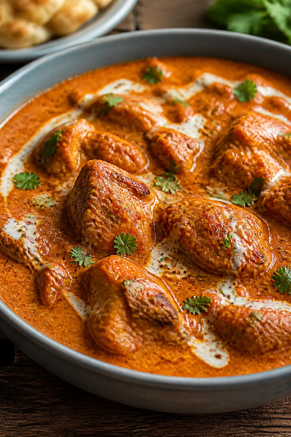 Creamy chicken tikka masala in a bowl with orange sauce and tender chicken