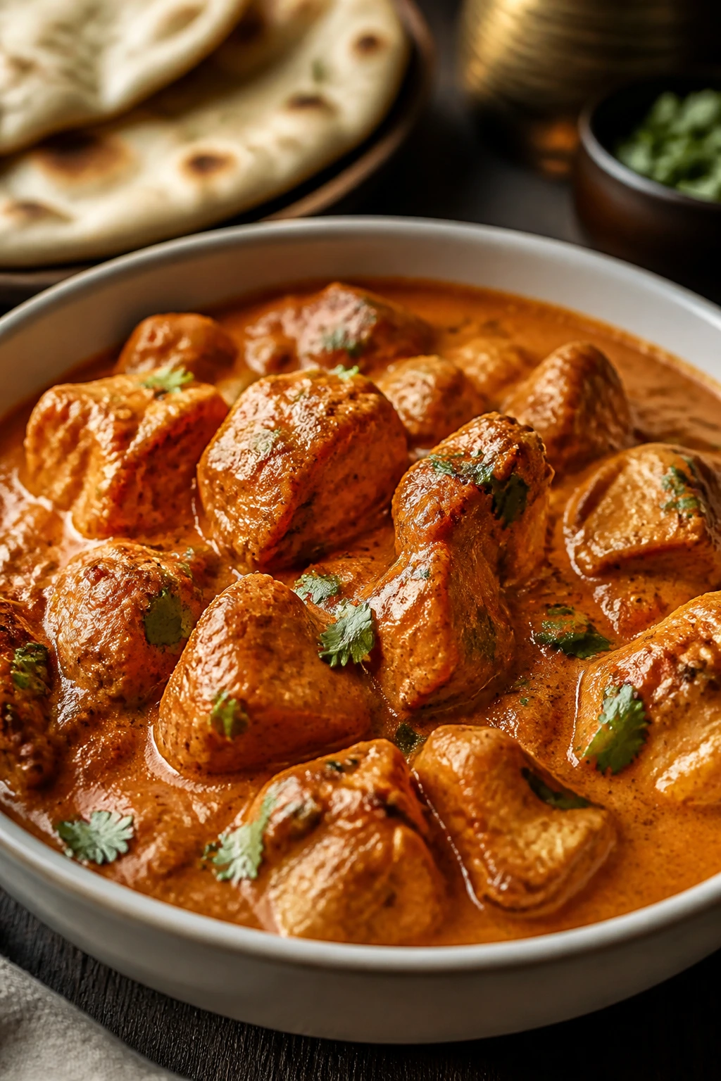 Brick-orange creamy chicken tikka masala with tender pieces