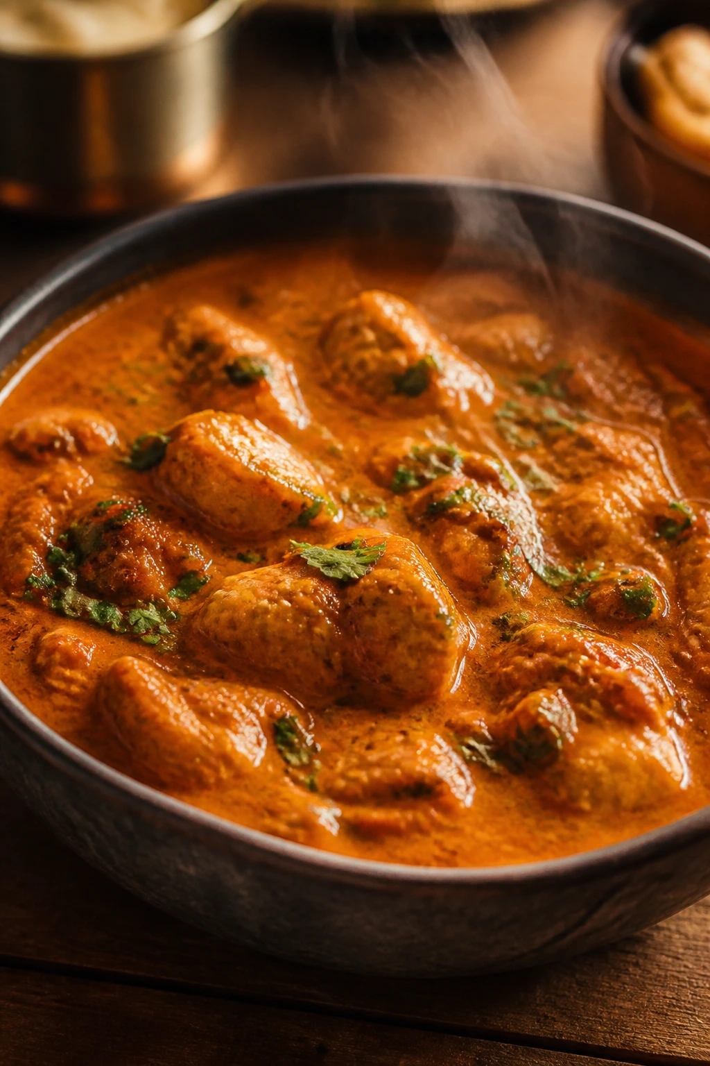 Close-up of chicken tikka masala in a bowl on a wooden table