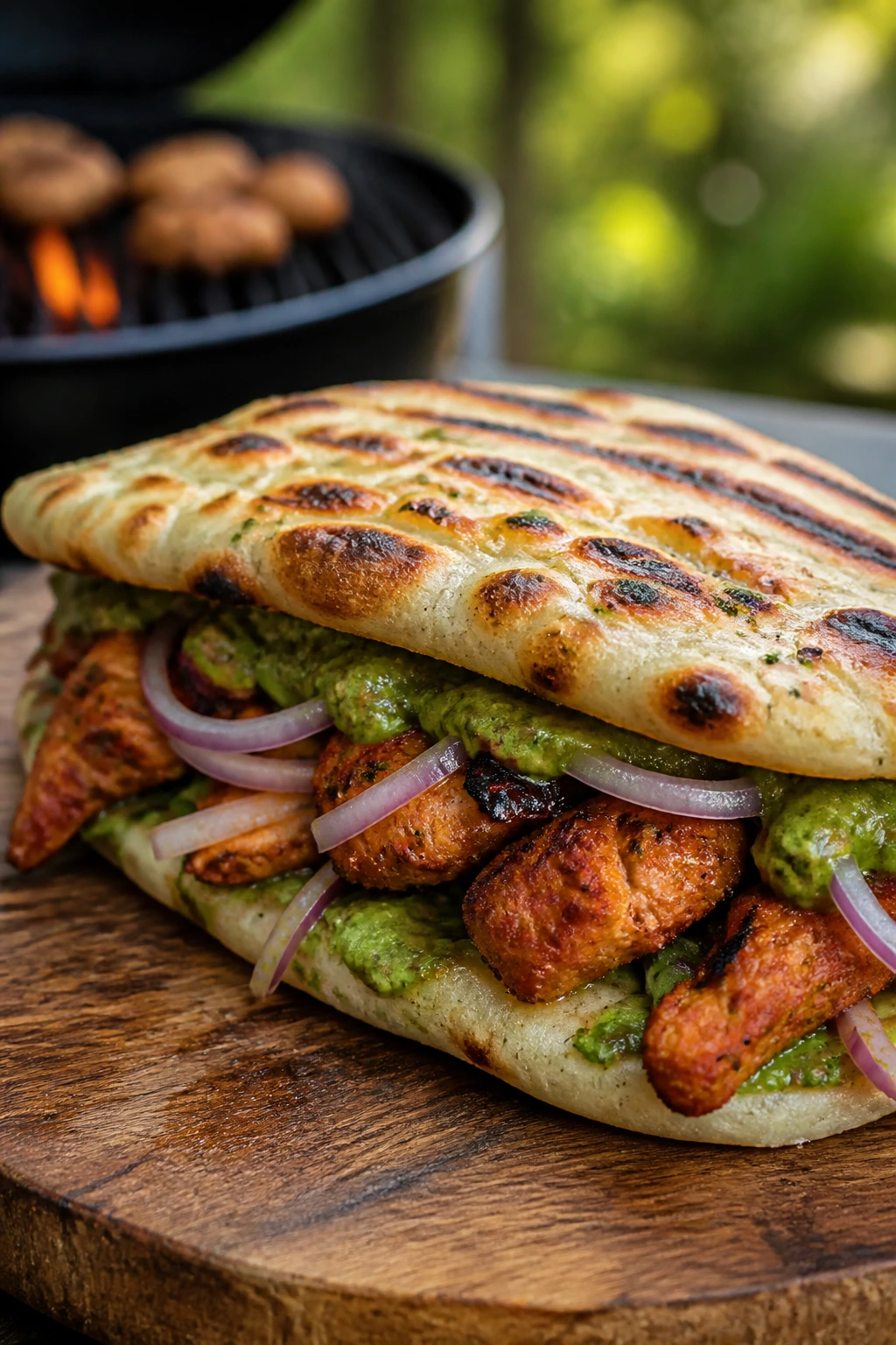 Medium close-up of Chicken Tikka Naan Sandwich on wooden board outdoors