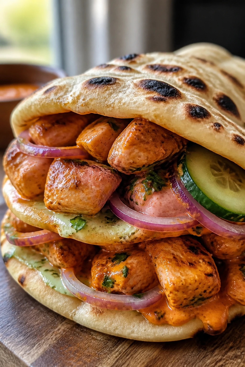 Close-up of chicken tikka on naan with creamy sauce