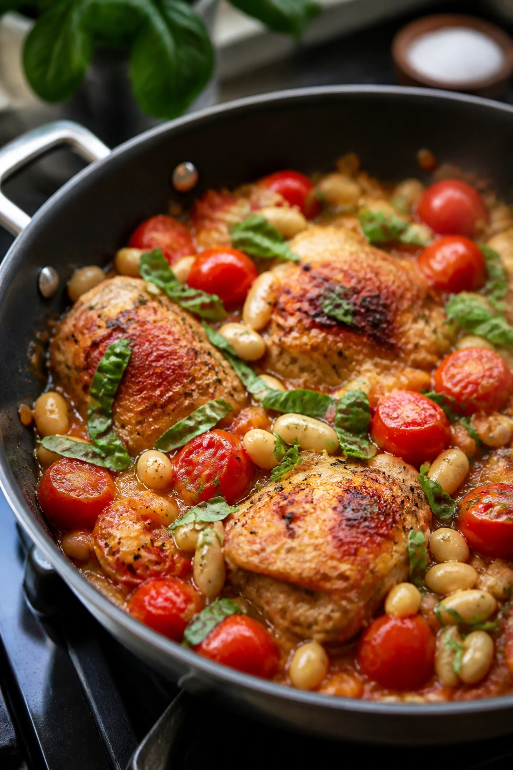 Close-up of tomato basil chicken with white beans in a skillet
