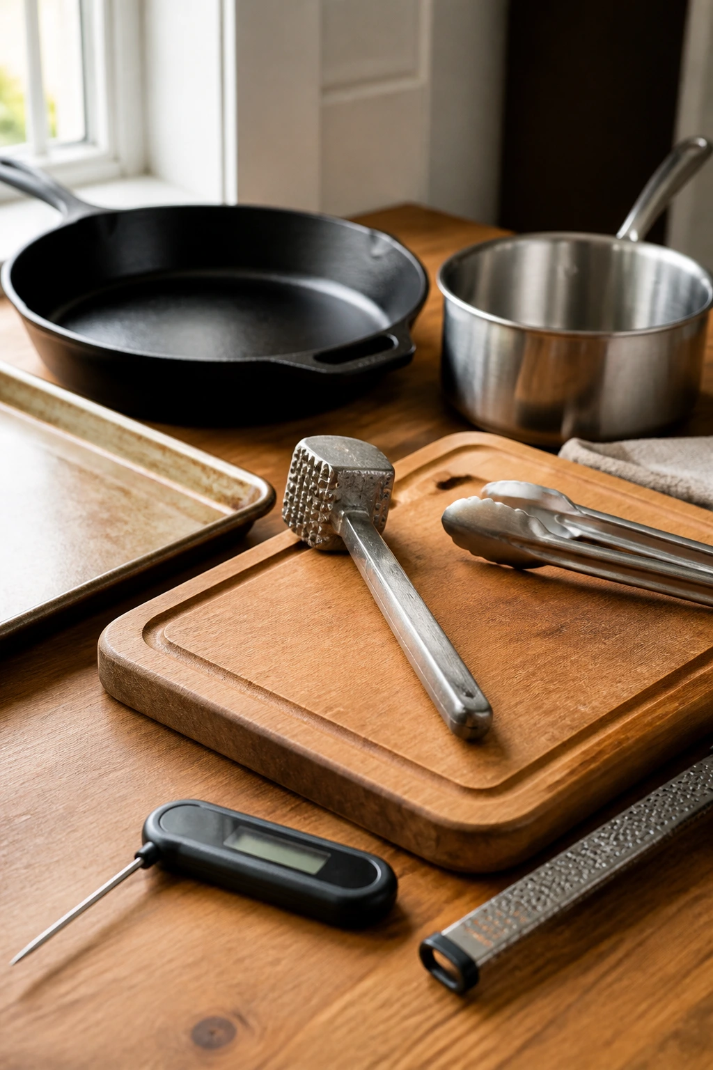 Close-up of essential chicken night tools arranged on a counter