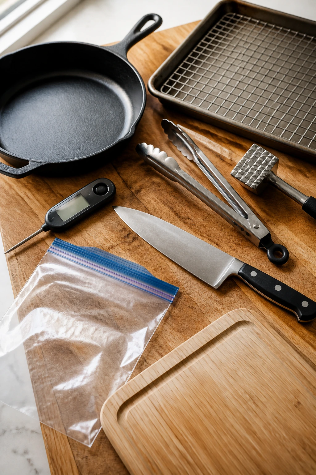 Close-up of essential chicken cooking tools on a cutting board in a kitchen