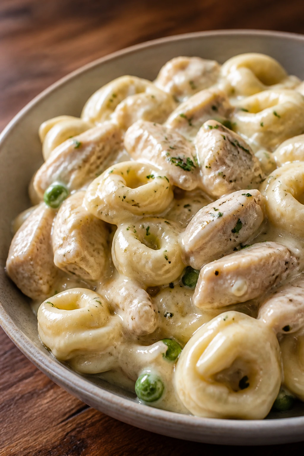 Close-up of creamy chicken tortellini Alfredo on a plate