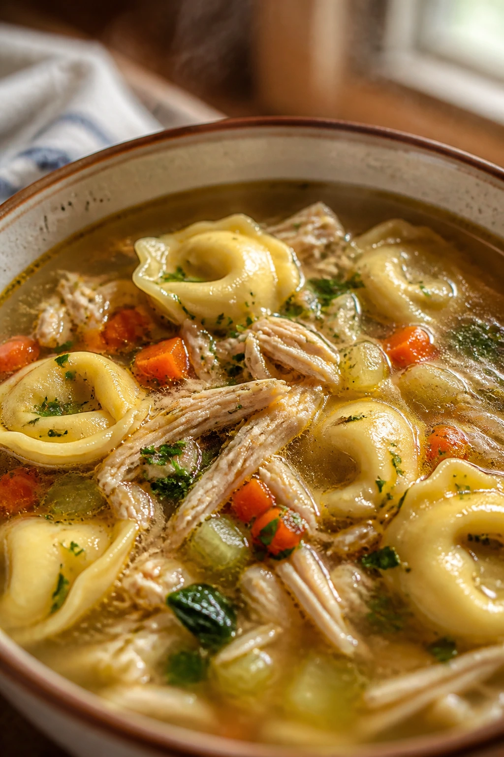 Close-up of chicken tortellini soup in a bowl