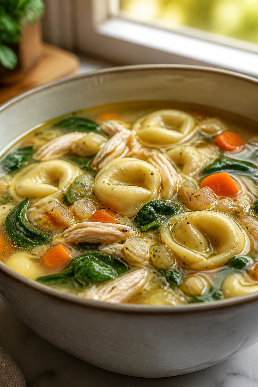 Close-up chicken tortellini soup with tortellini and spinach