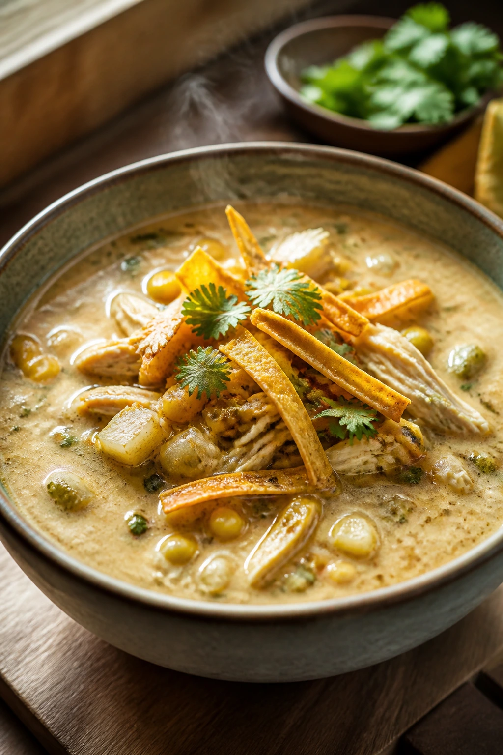 Creamy Chicken Tortilla Chowder with chicken, corn, and tortilla strips