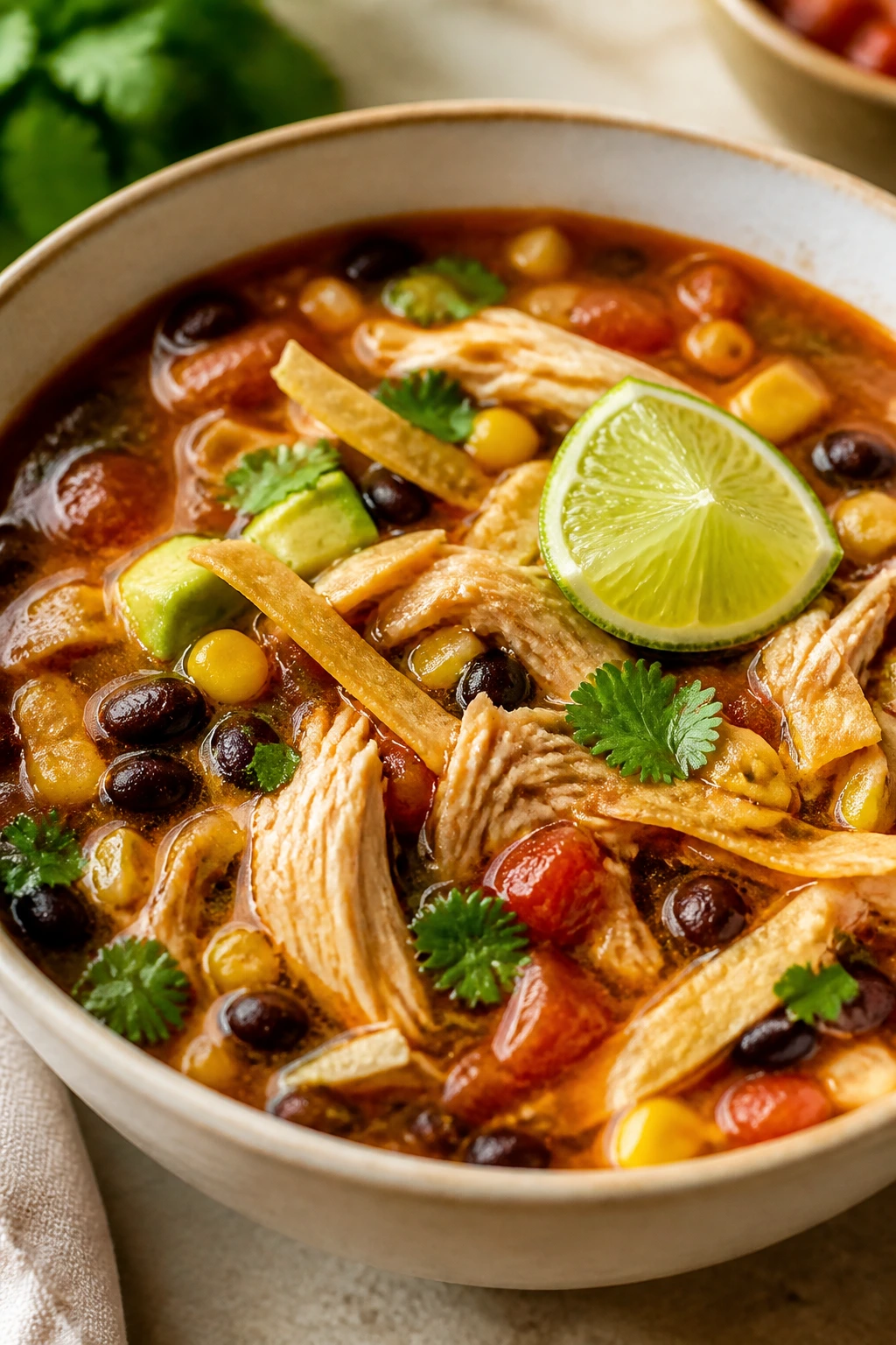 Close-up of Chicken Tortilla Soup in a bowl with lime and beans