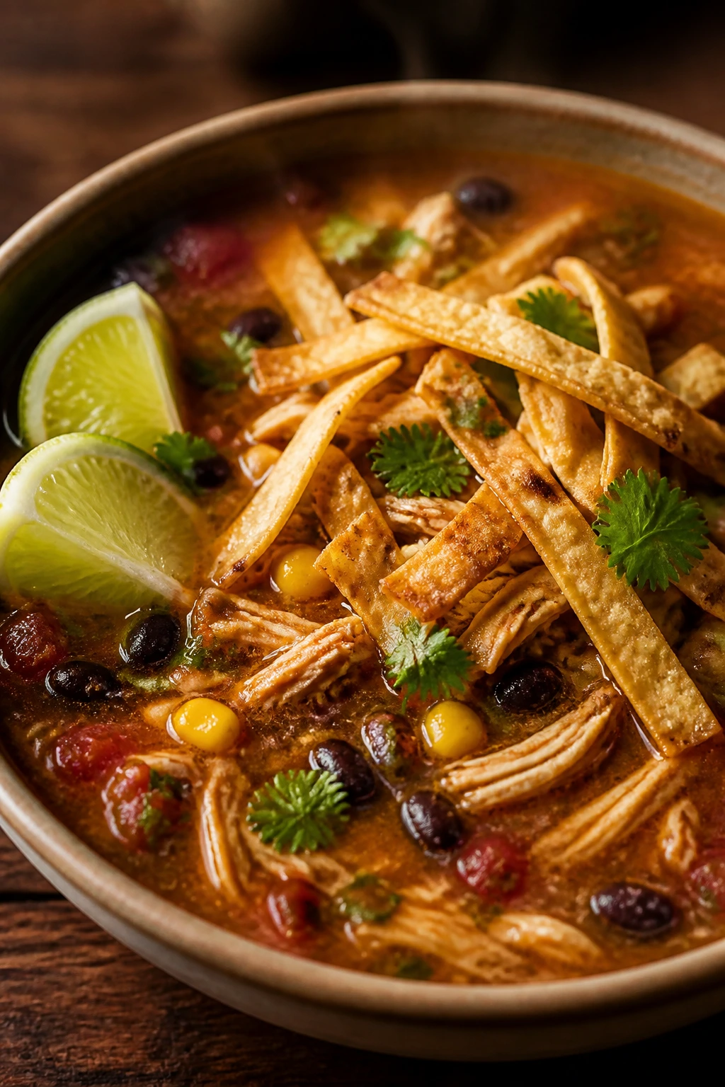 Close-up of steaming chicken tortilla soup with tortilla strips and cilantro