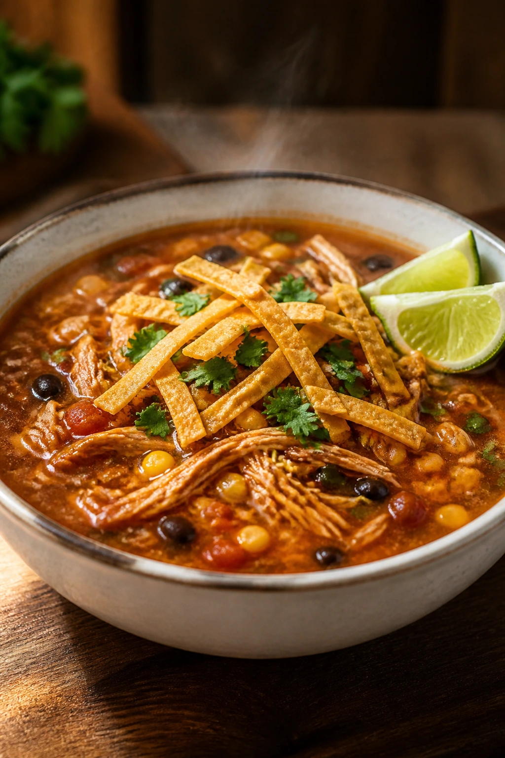 Steaming bowl of chicken tortilla soup with tortilla strips