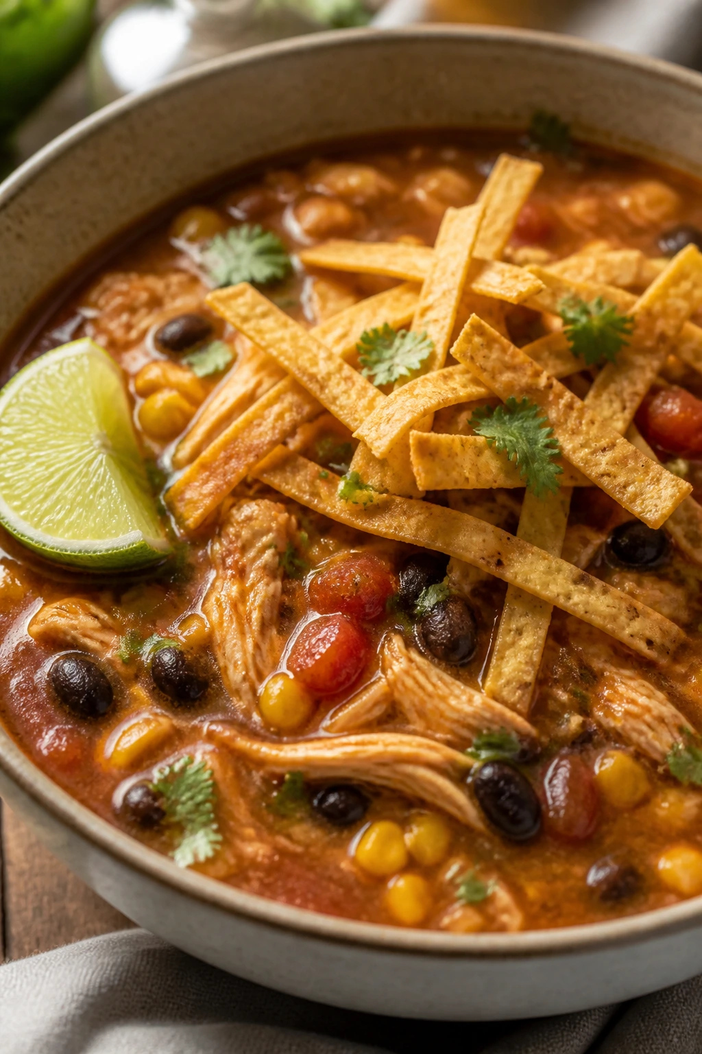 Creamy chicken tortilla soup in a bowl with tortilla strips