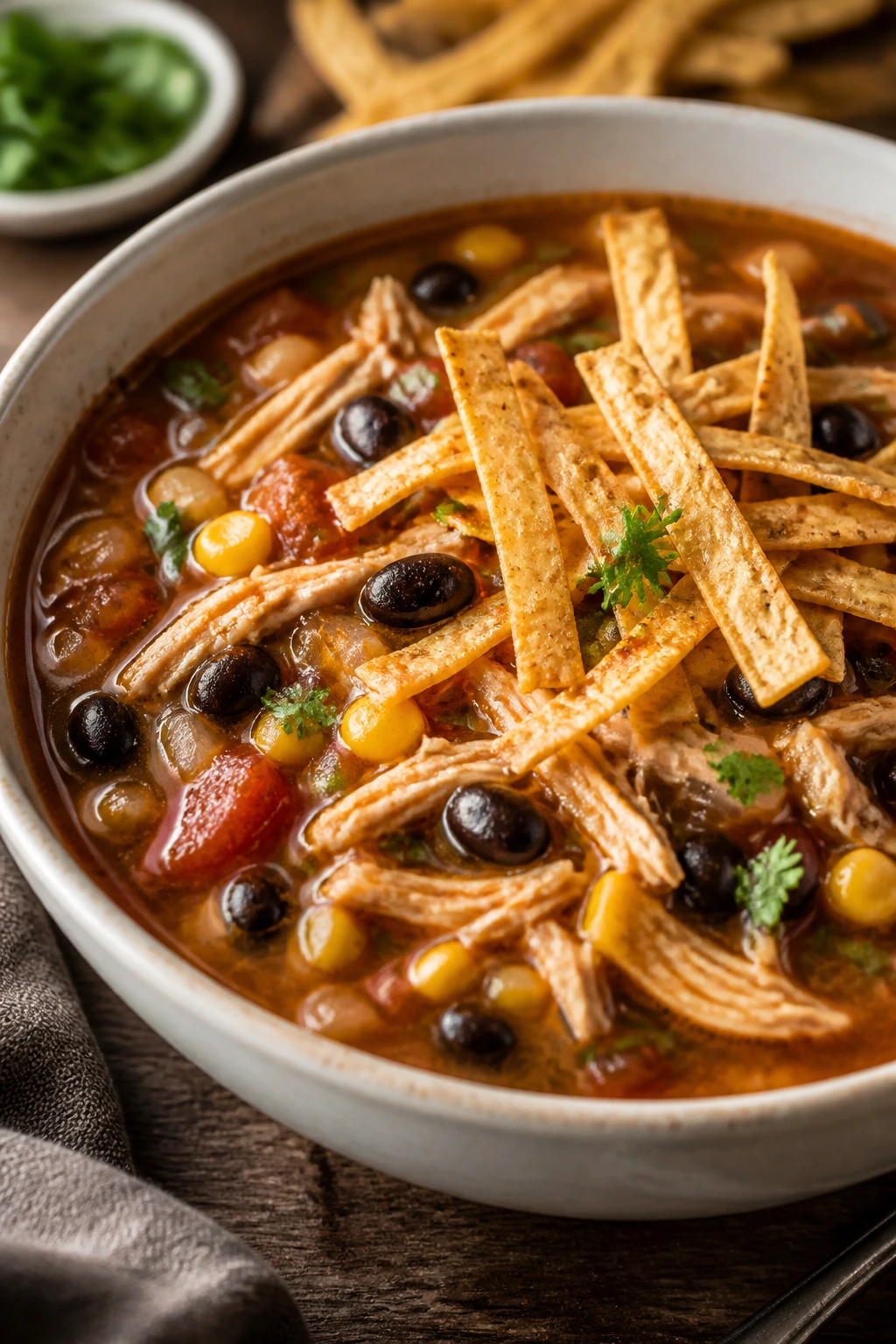 Steaming bowl of chicken tortilla soup with black beans and corn on a rustic table.