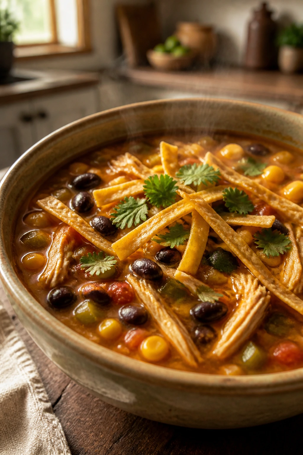 Chicken tortilla soup with chicken, beans, corn in a bowl