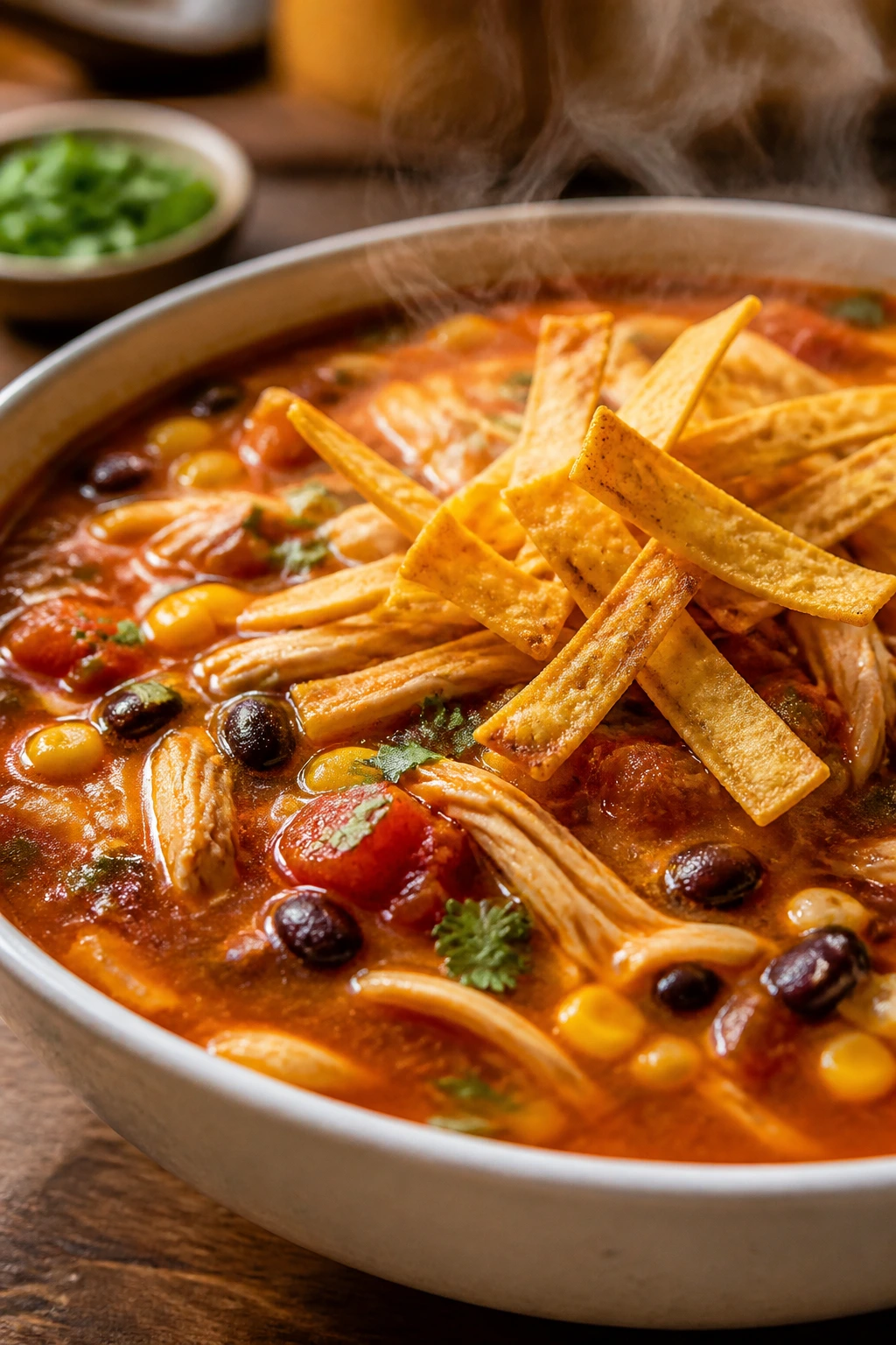 Close-up of Chicken Tortilla Soup in a bowl with shredded chicken, beans, corn, and tortilla strips