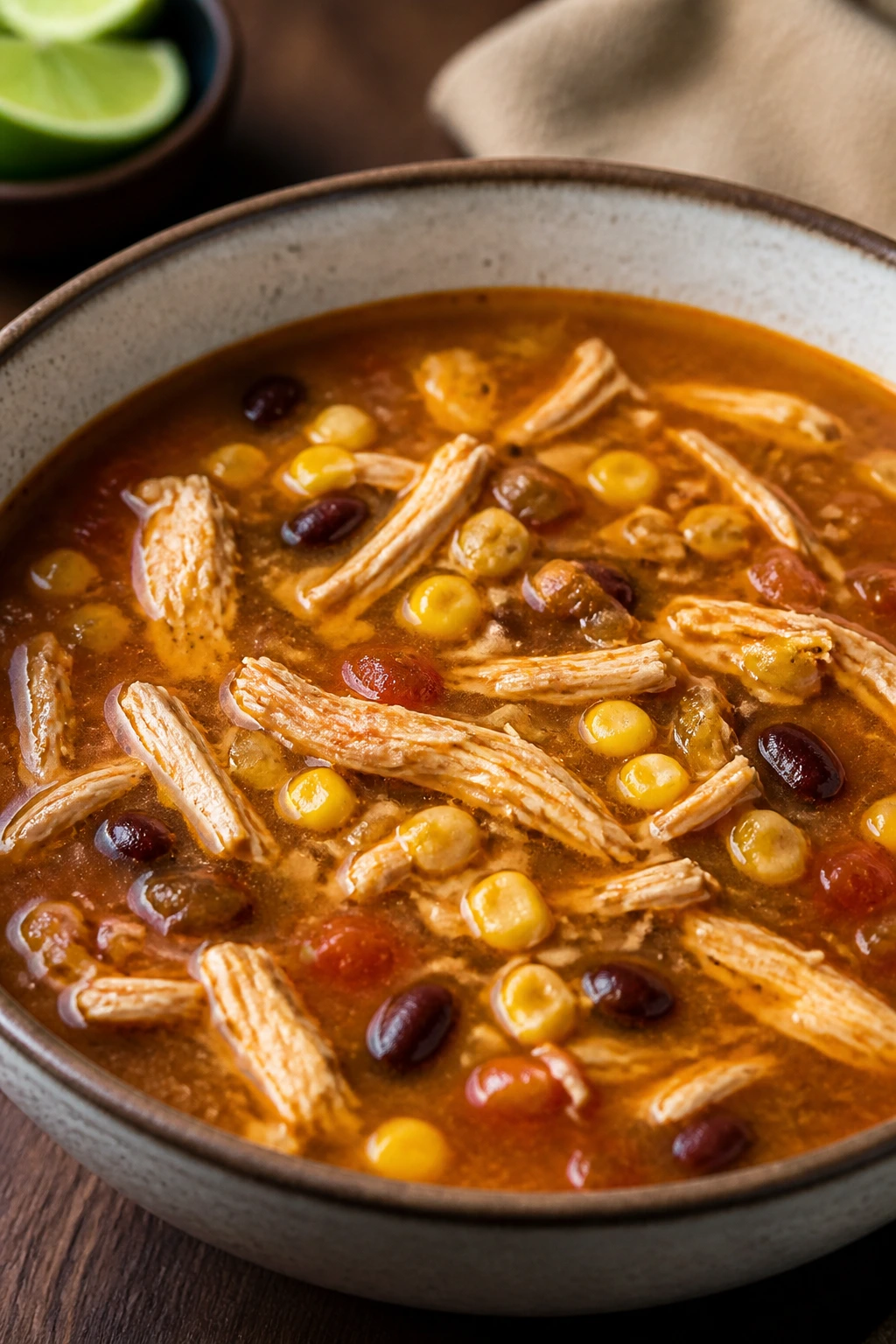 Chicken tortilla soup with shredded chicken and corn in a bright broth