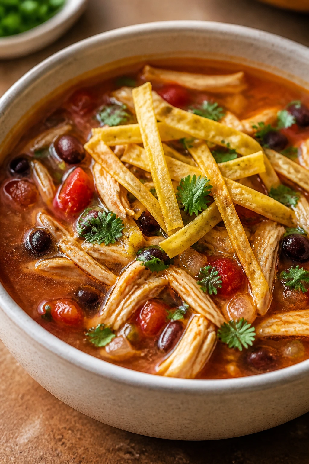 Chicken tortilla soup in a bowl with tortilla strips on top