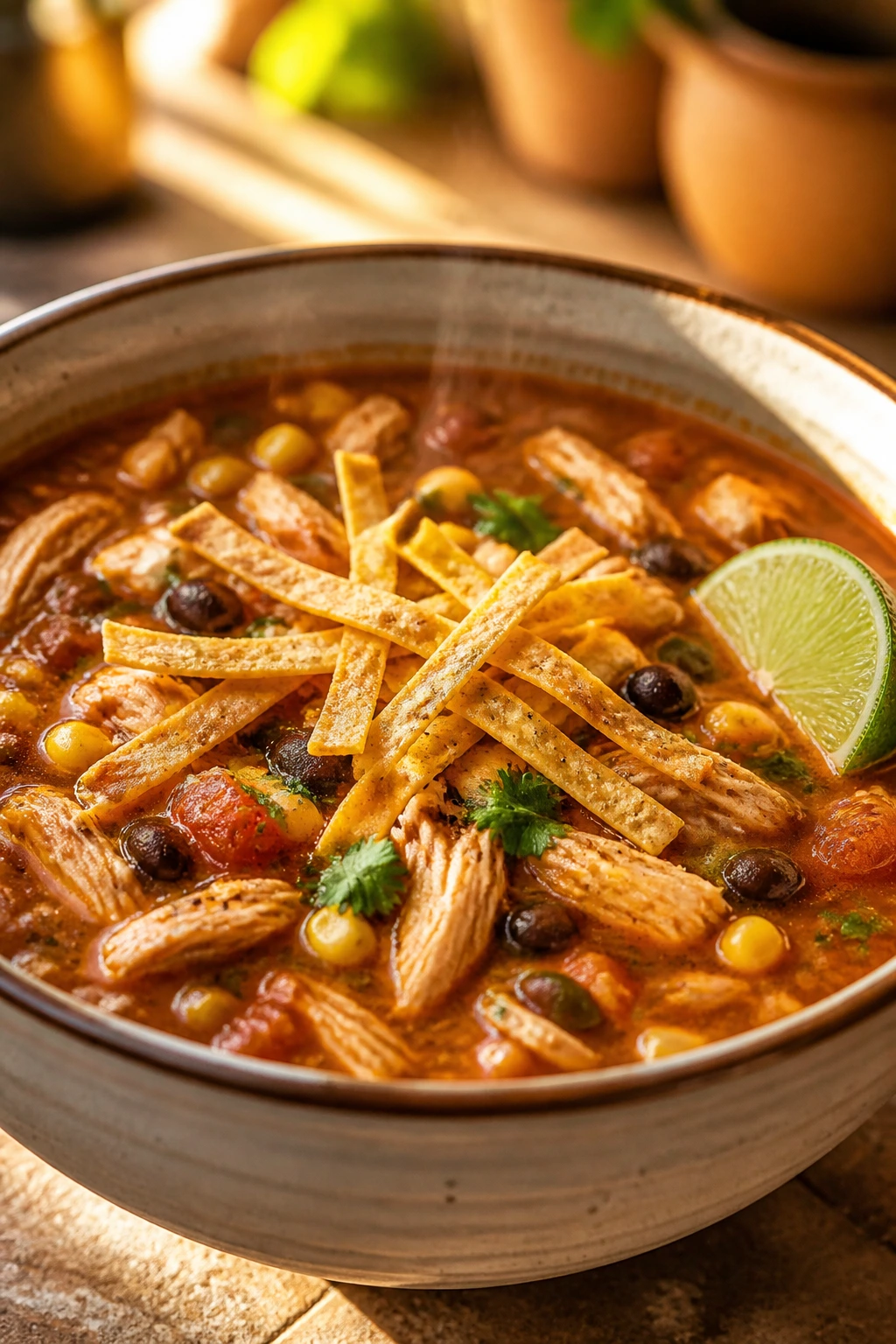Close-up of chicken tortilla soup with tortilla strips in a rustic bowl