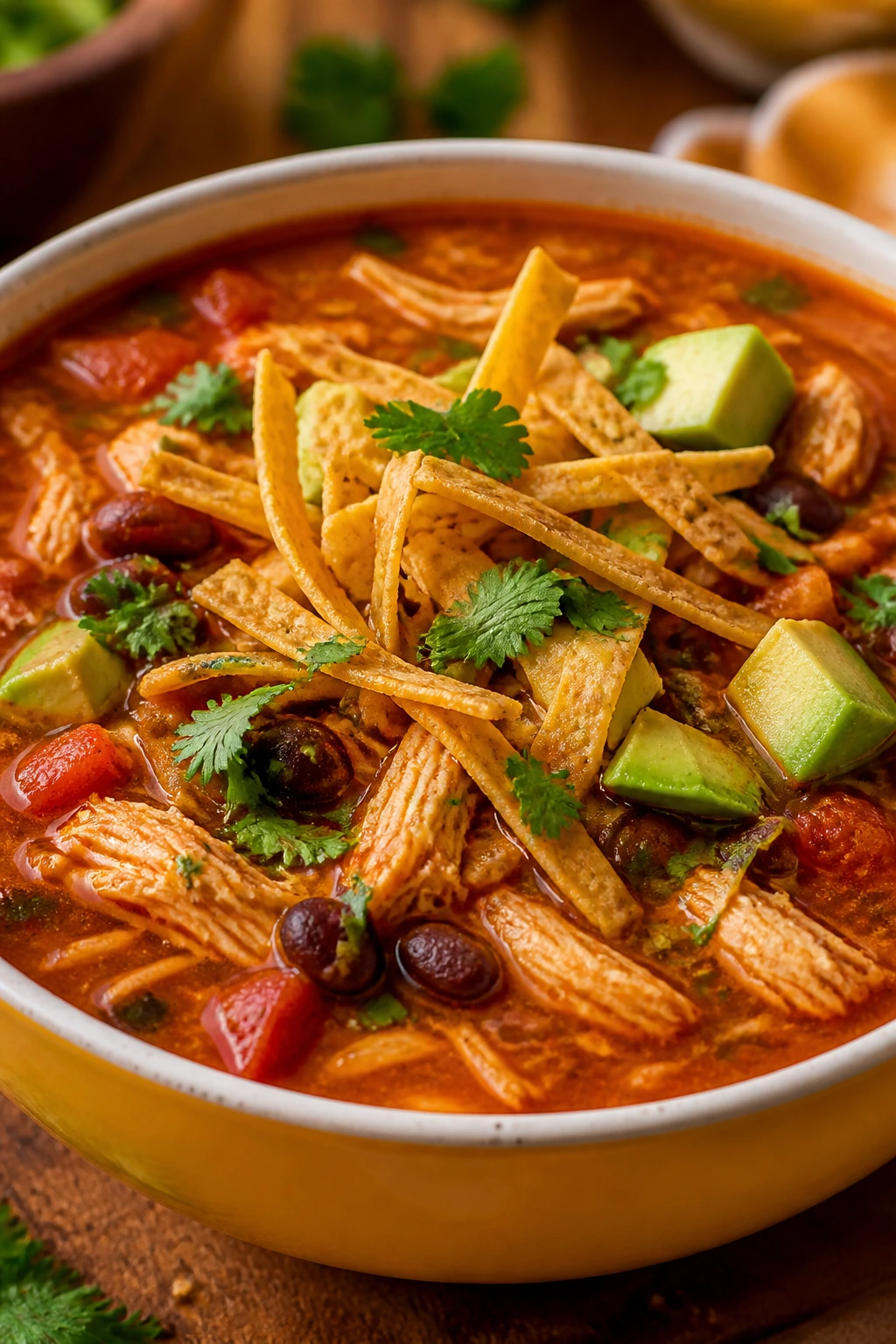 Chicken tortilla soup in a bright bowl on a wooden table
