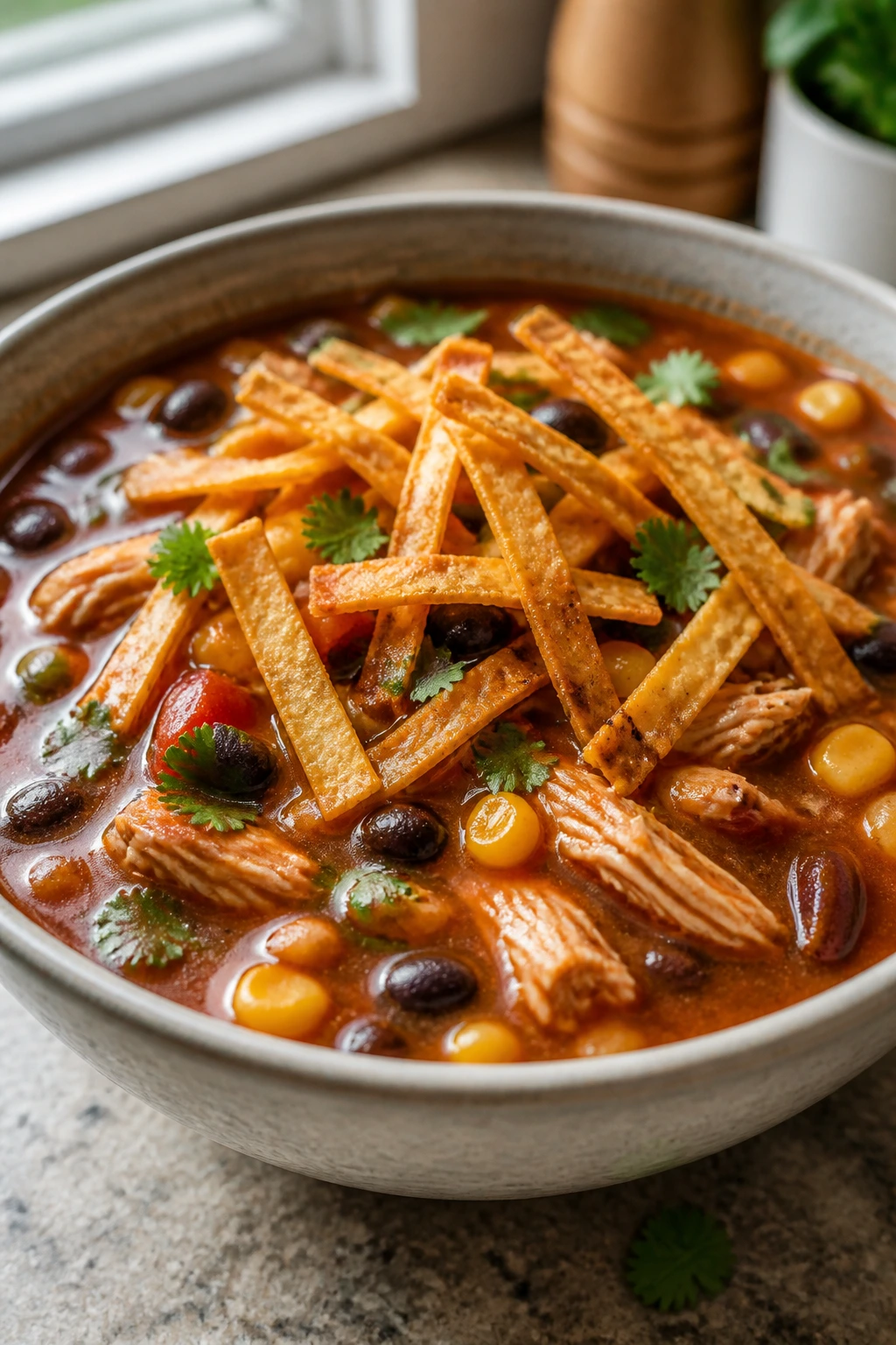 Close-up of chicken tortilla soup with tortilla strips on top