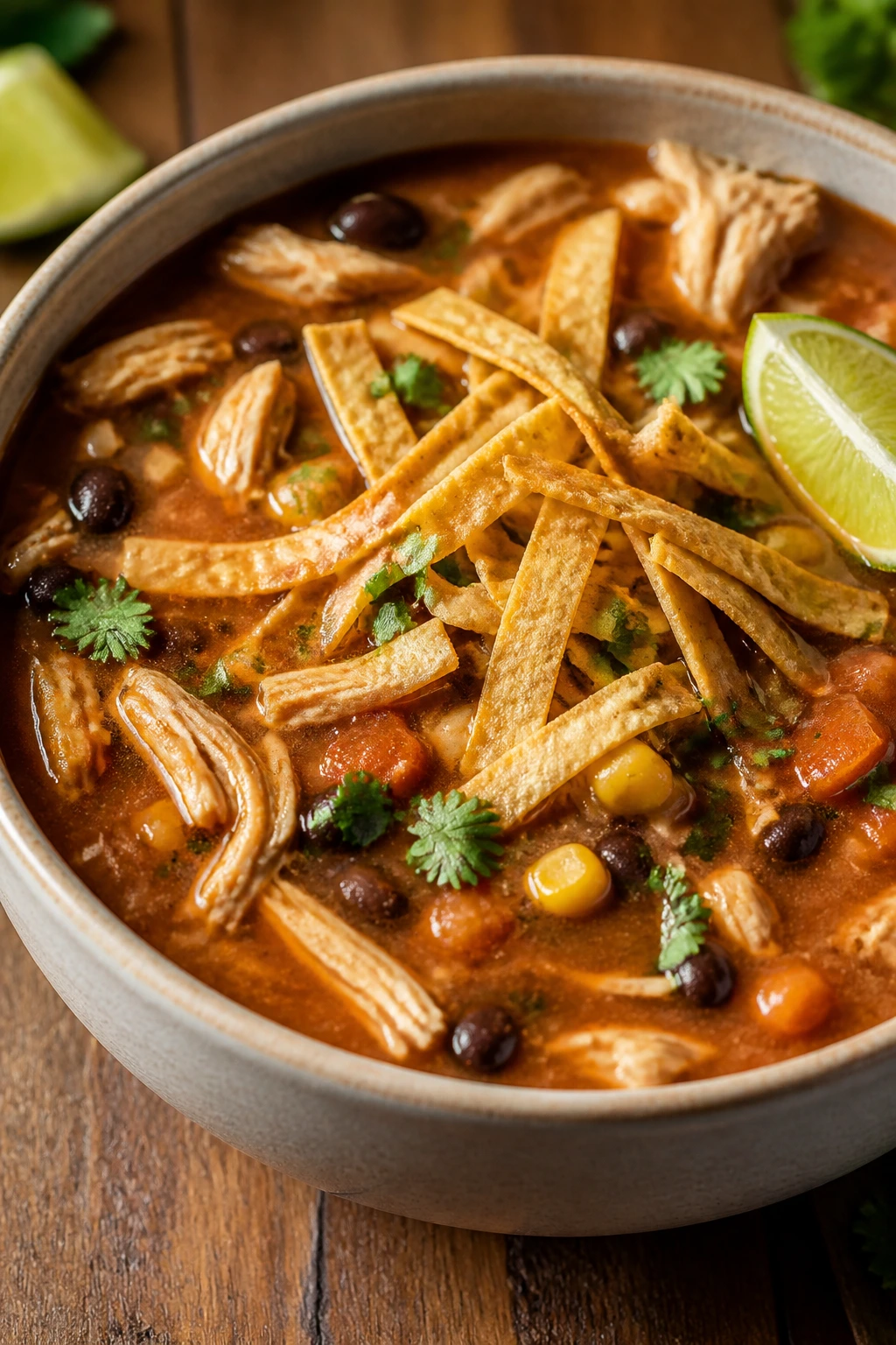 Vibrant chicken tortilla soup in a bowl with tortilla strips