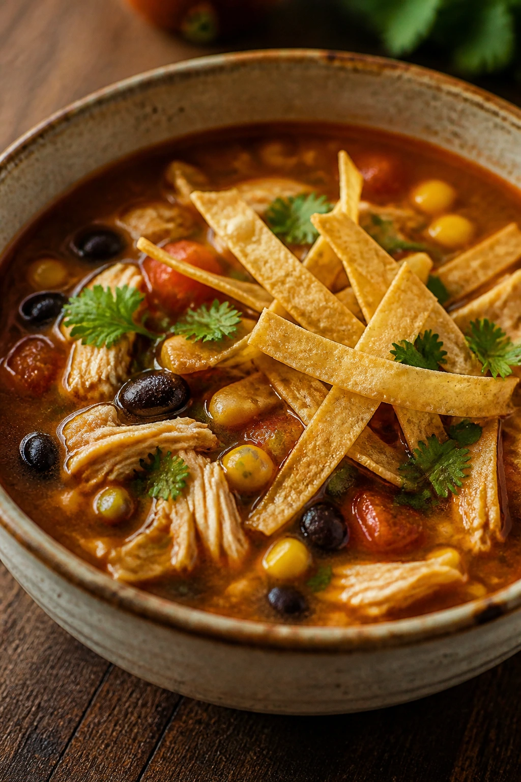 Bowl of chicken tortilla soup with tortilla strips on wooden table