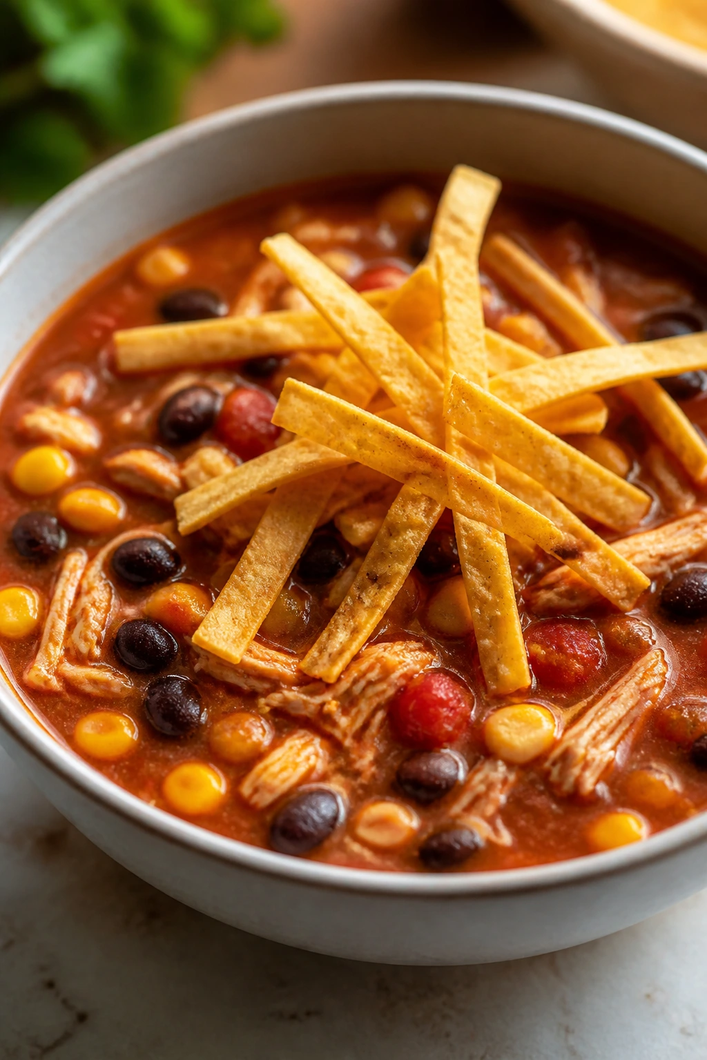 Chicken tortilla soup with black beans and tortilla strips in a bowl.
