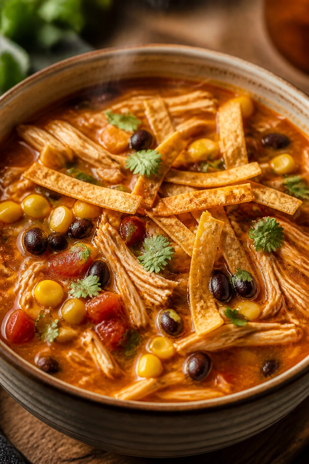 Steaming bowl of chicken tortilla soup with tortilla strips