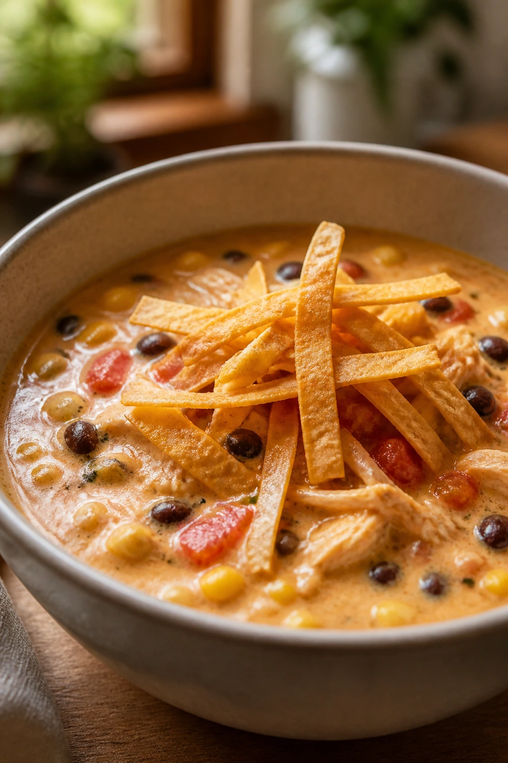 Close-up of creamy chicken tortilla soup with tortilla strips on top in a bowl