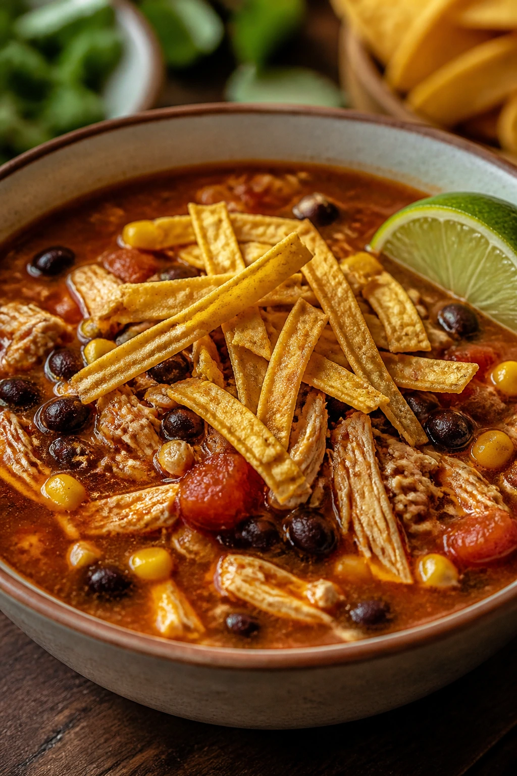 Close-up of Chicken Tortilla Soup with Lime and Crispy Strips in a bowl with tortilla strips and lime