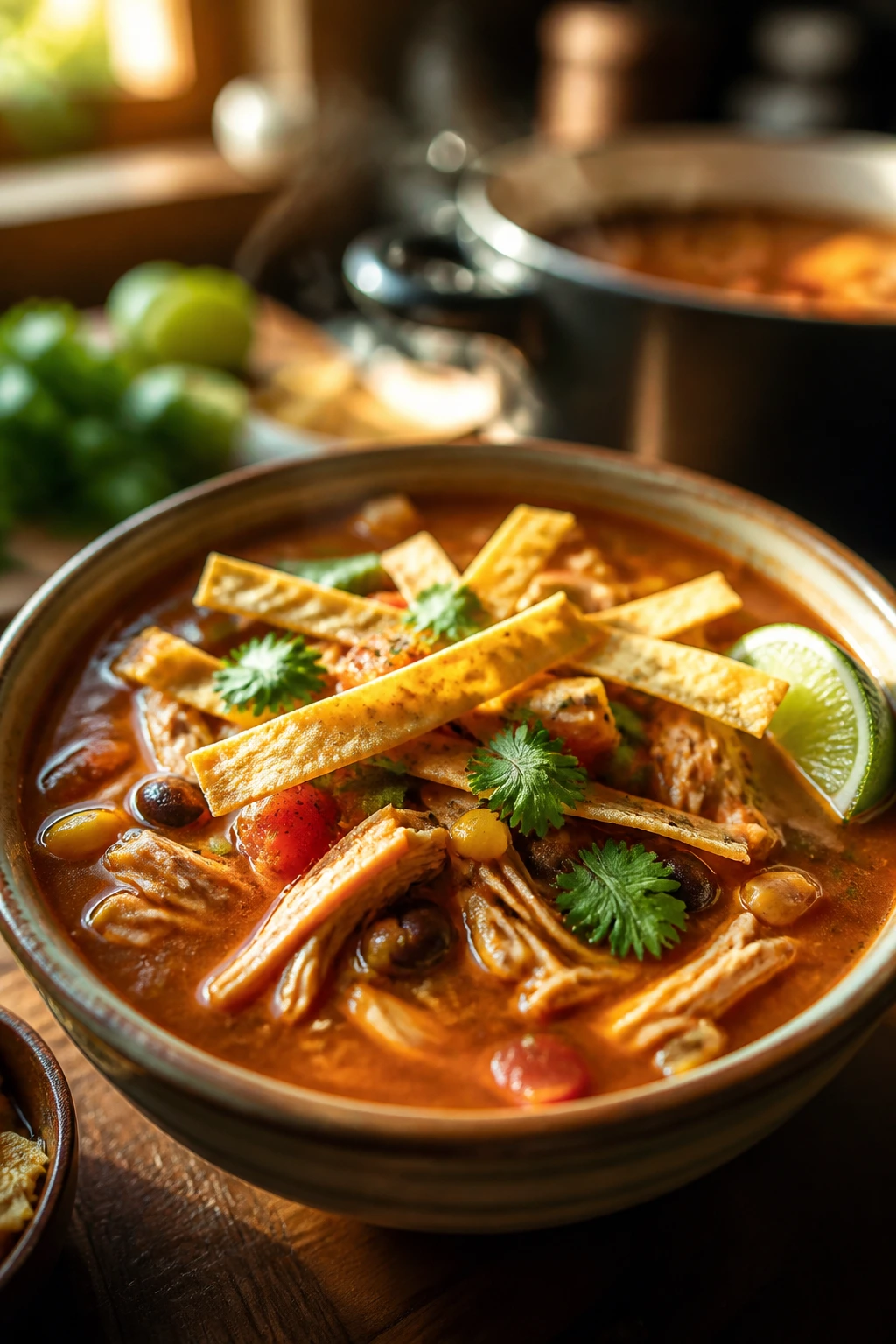 Steaming chicken tortilla soup with tortilla strips and lime in a warm kitchen