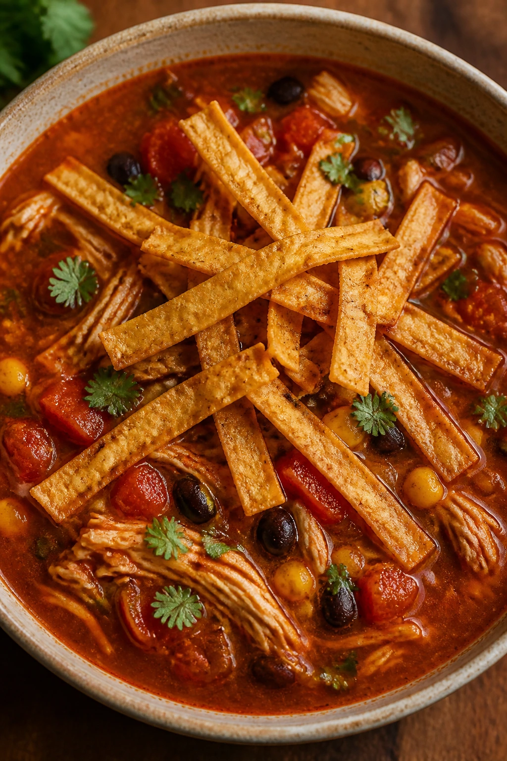 Close-up of chicken tortilla soup with tortilla strips in a cozy kitchen