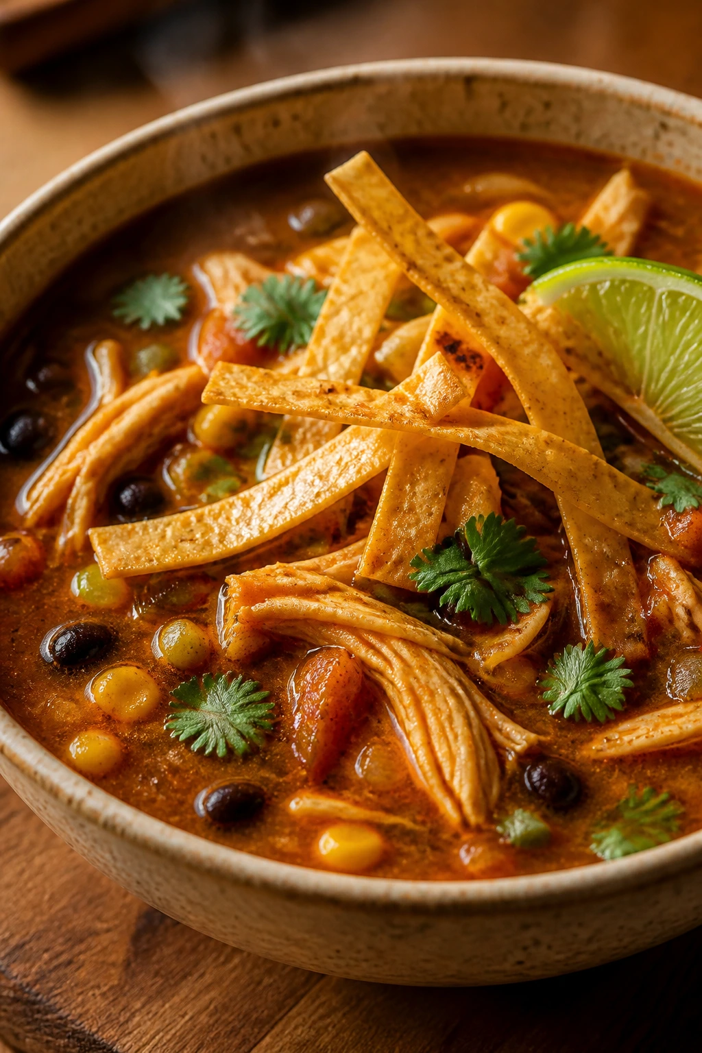 Close-up of Chicken Tortilla Soup with shredded chicken, beans, corn, and tortilla strips