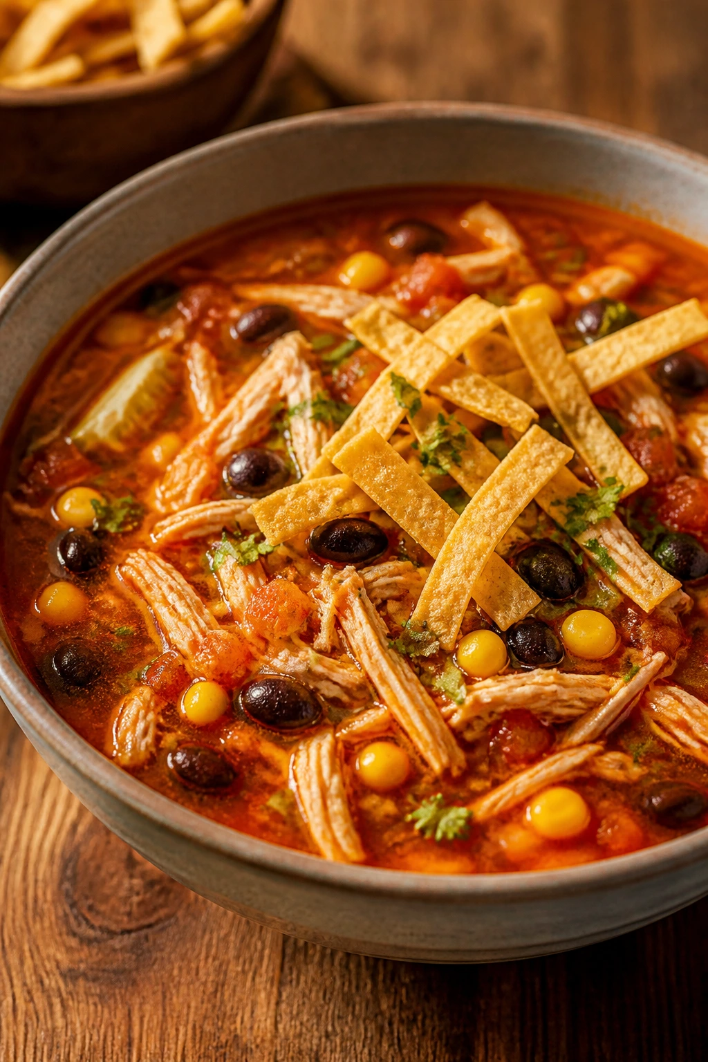 Bright tortilla soup in a bowl with tortilla strips on top