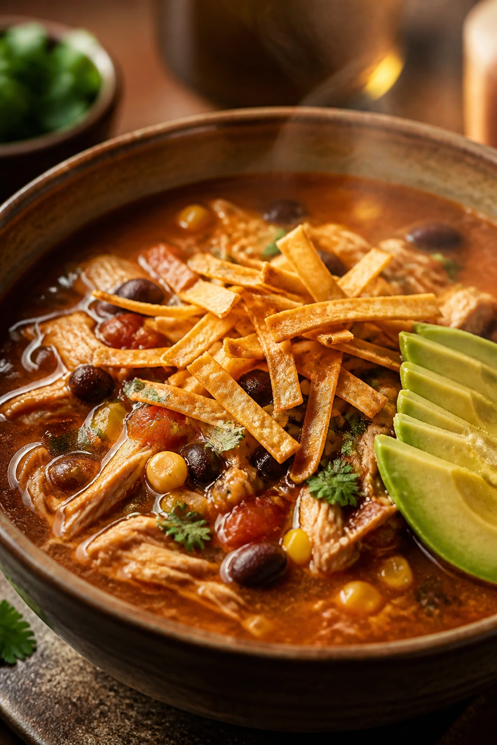 Bowl of chicken tortilla soup with tortilla strips