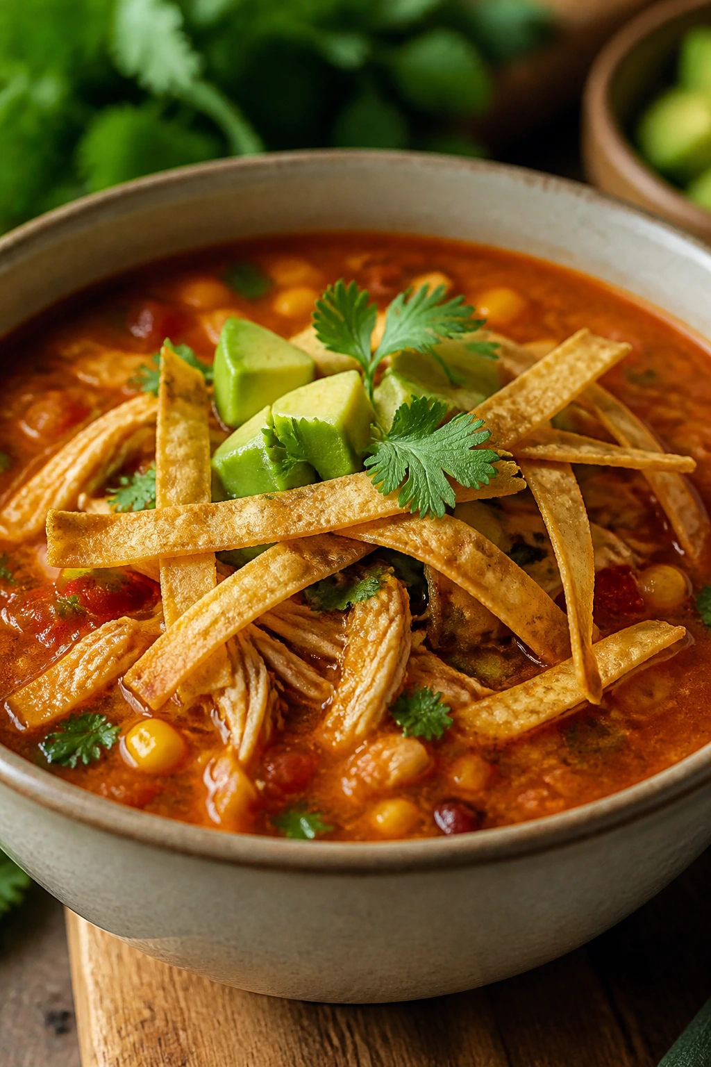 Chicken tortilla soup with tortilla strips and chicken in a bowl