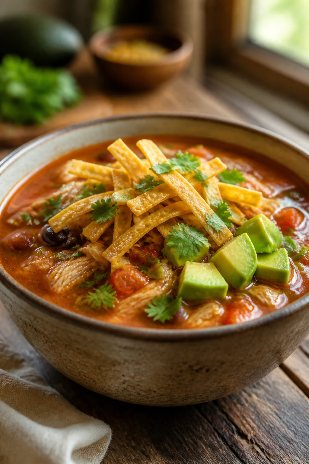 Close-up of chicken tortilla soup with tortilla strips and avocado