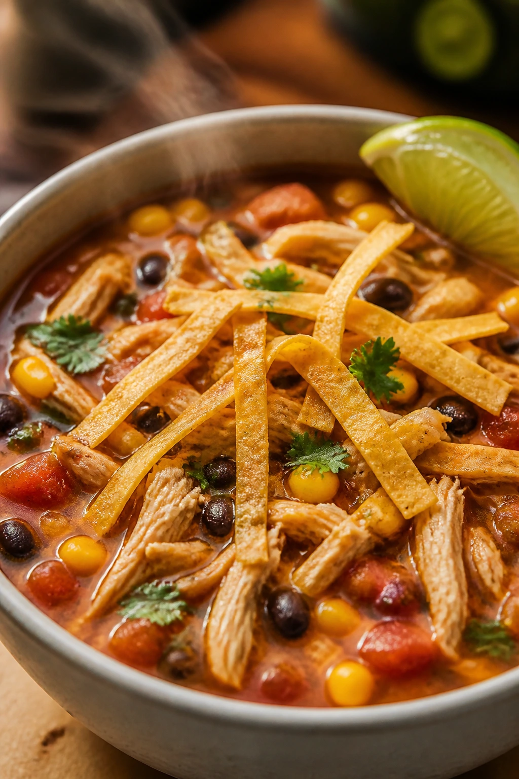 Close-up of chicken tortilla soup in a bowl with tortilla strips and lime in a warm kitchen