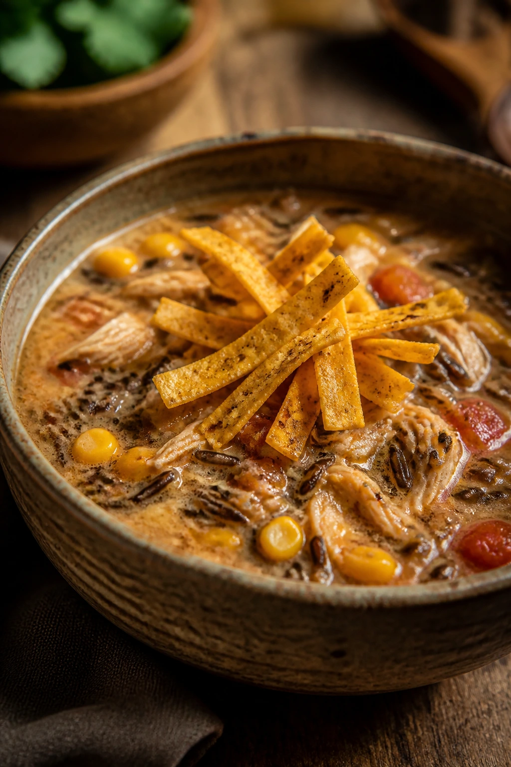 Close-up of chicken tortilla wild rice soup with crispy tortilla strips.