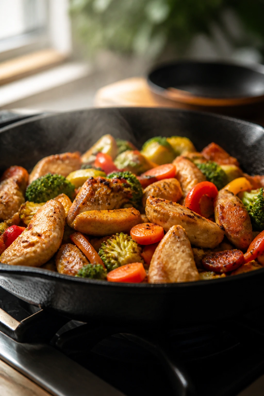 Close-up of sizzling chicken with vegetables browning in a skillet on a warm kitchen stove