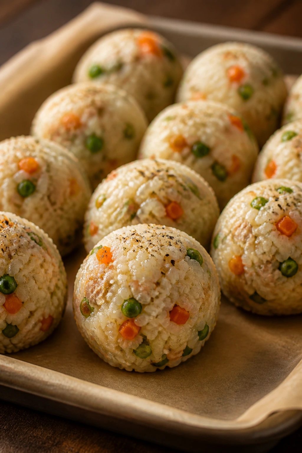 Rice balls with carrots and peas on parchment