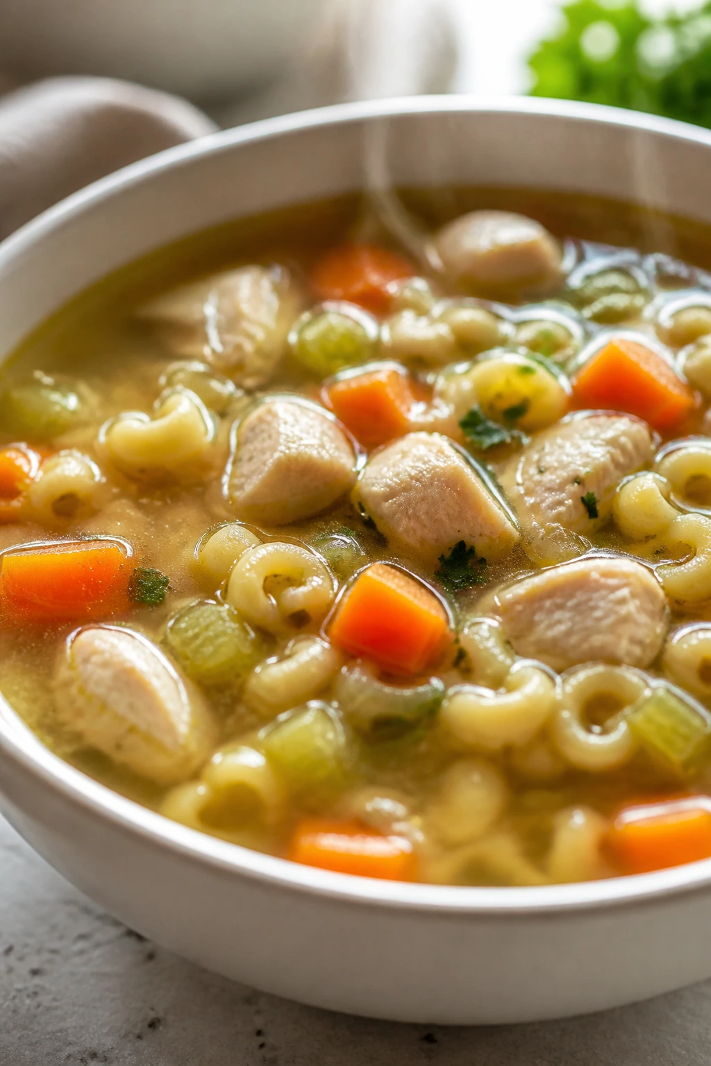 Close-up of chicken veggie soup with tiny pasta in a bowl