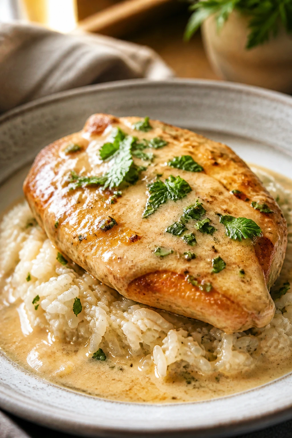 Close-up of chicken cutlet on buttered rice with cheese sauce and parsley