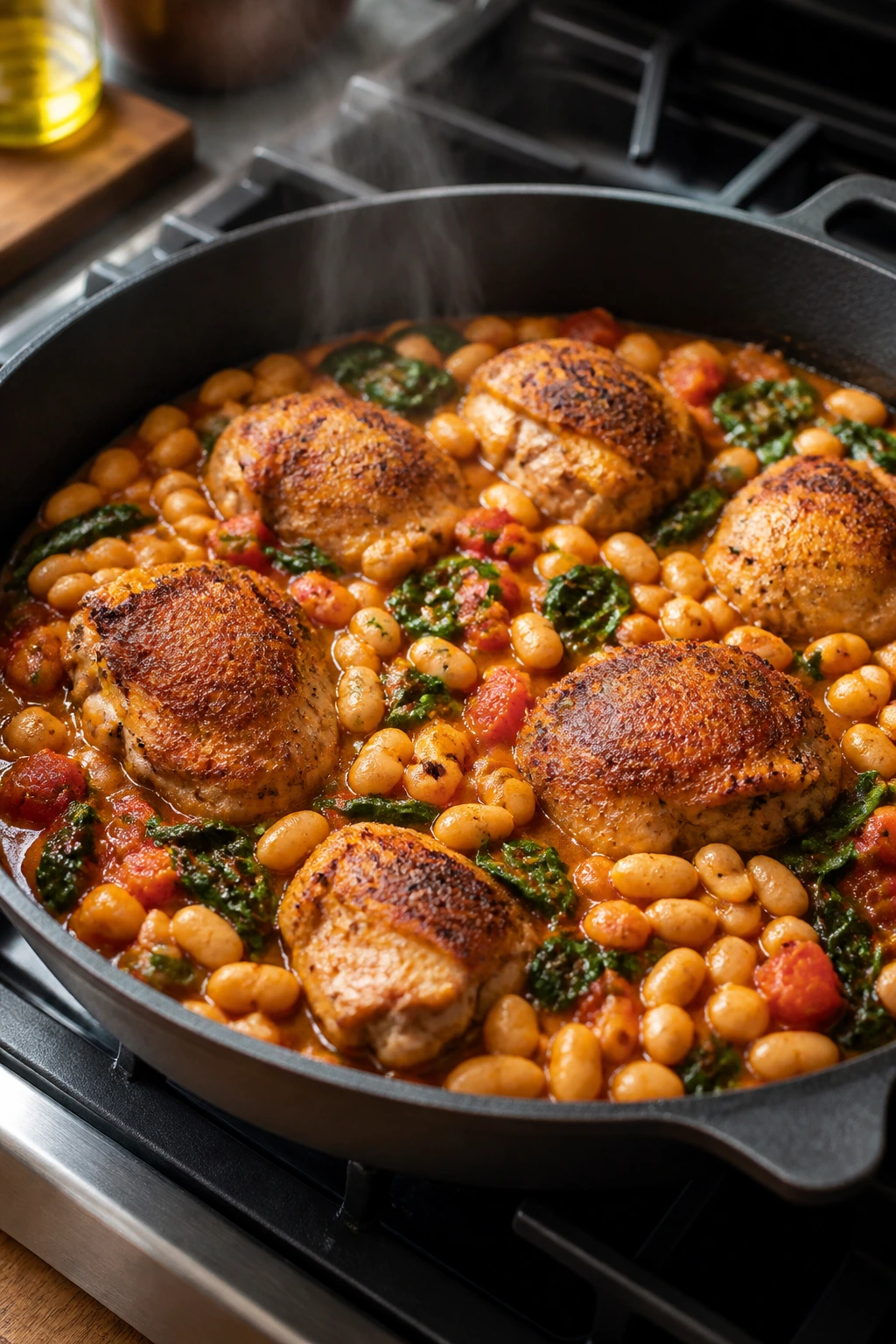 Chicken thighs with white beans and tomatoes in skillet
