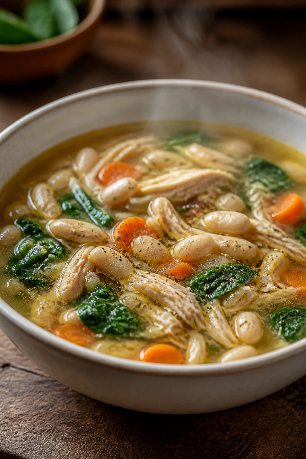 Close-up of chicken and white bean soup in a rustic kitchen bowl