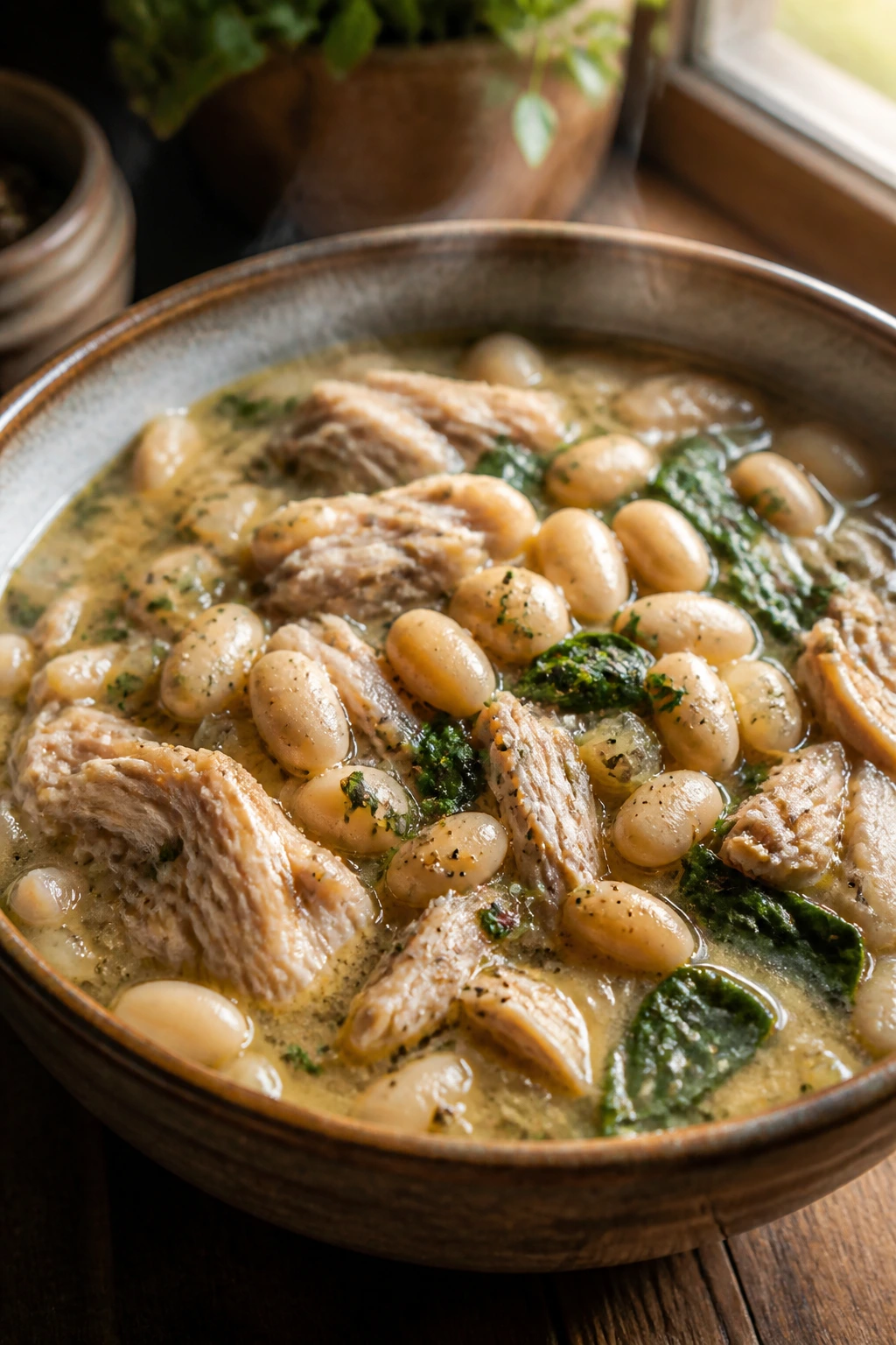 Close-up of Chicken and White Bean Stew in a rustic bowl with chicken and white beans