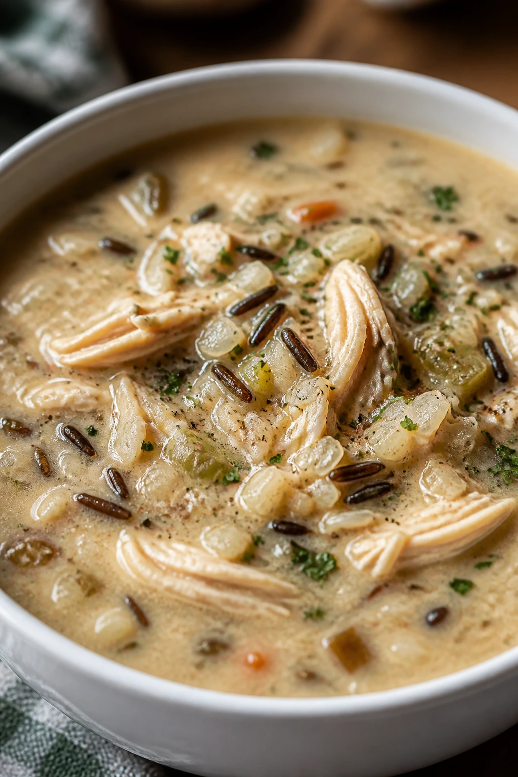 Creamy chicken and wild rice soup with visible chicken and rice